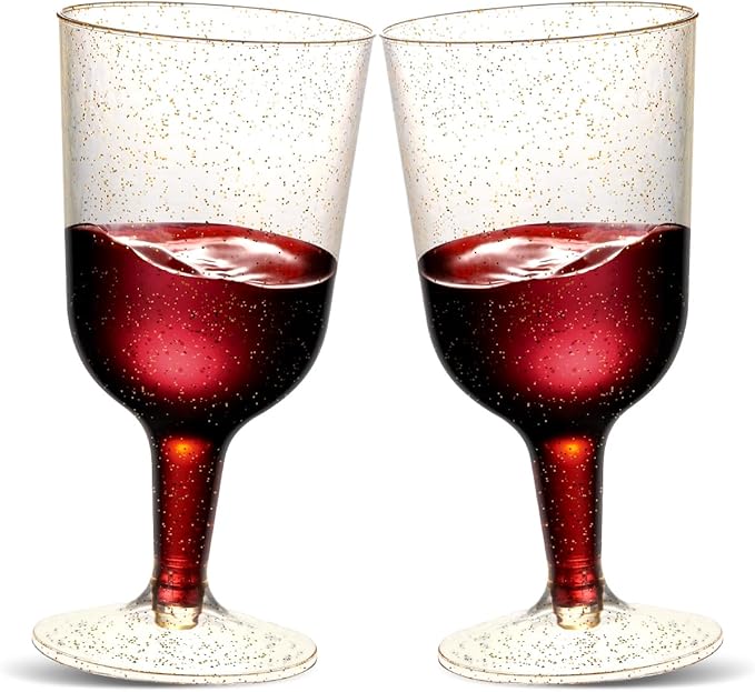 TENYASEN 30 Pack 6oz Plastic Wine Glasses – Disposable Gold Glitter Mini Stemware with Removable Base for Weddings, Partie...