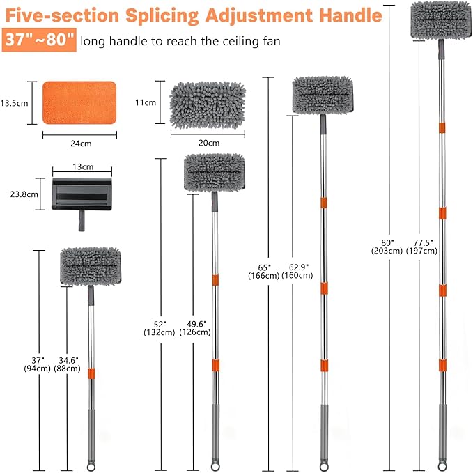 Ceiling Fan Cleaner Duster with 80" Adjustable Pole, with Reusable Microfiber Pad, for Cleaning Fan Blades, Baseboard, Window Glass, Bathroom, Floor