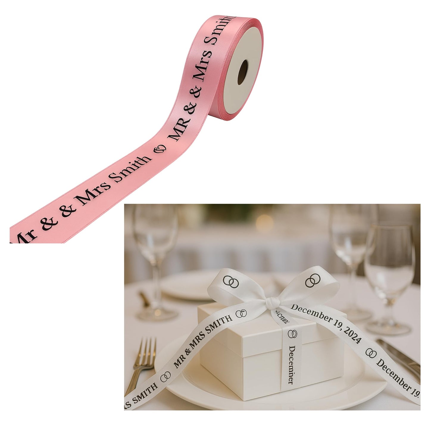 Personalized Wedding Ribbon - Customized with Your Name Dates or Text for Favors & Gifts Wrap or Invitations (5 yards)
