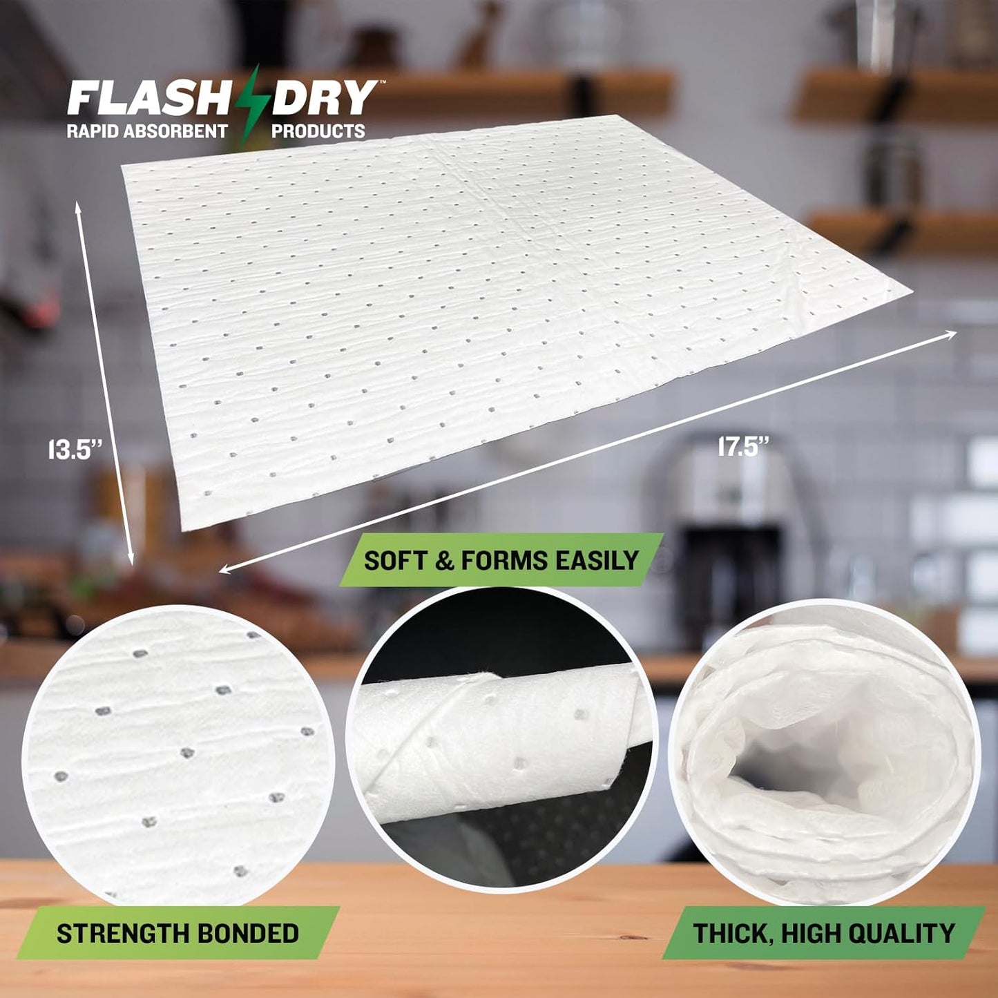 FlashDry Oil Absorbent Pads – High Absorbency of Oil-Based Liquids, Water-Repellent, Tear-Resistant, Premium Mats, Ideal for Garage, Driveway, Automotive, Marine Use, 17.5” x 13.5”, 300 Pads in Total