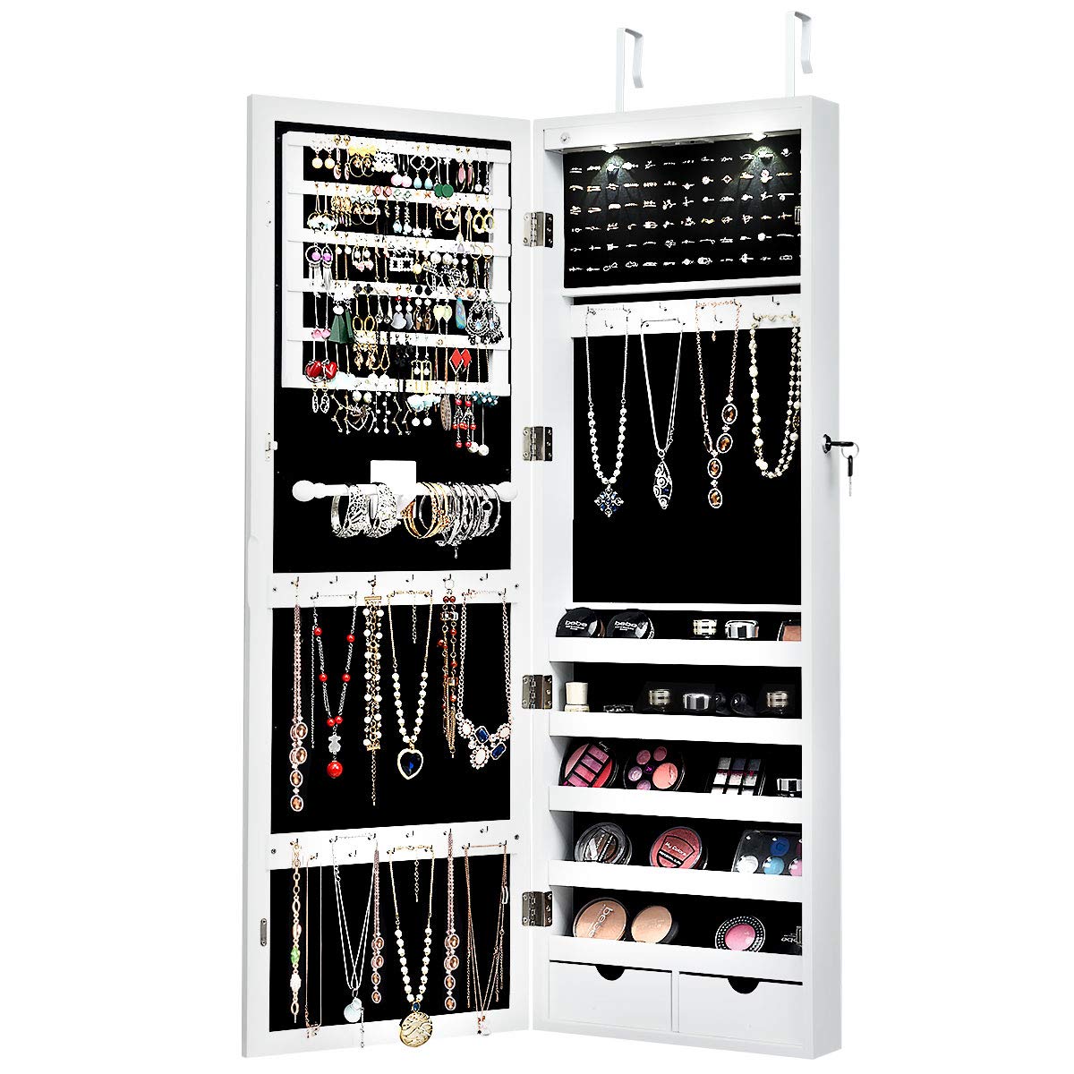 FANTASK Wall/Door Mounted Jewelry Cabinet Armoire, Lockable Armoire Cabinet w/Full Length Mirror, 2 LED Lights, Adjustable Hanging Hooks, Jewelry Organizer for Dressing Make-up (White)