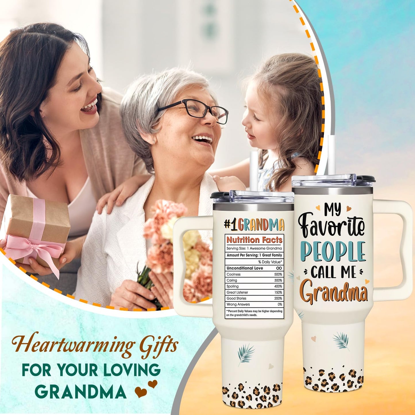 Couple Fox Grandma Gifts from Grandkids, Granddaughter, Grandson, Grandchildren - Practical Mothers Day, Birthday, Christmas, Mother's Day, Ideas Gifts for Grandma Tumbler 40oz with Handle & Straw