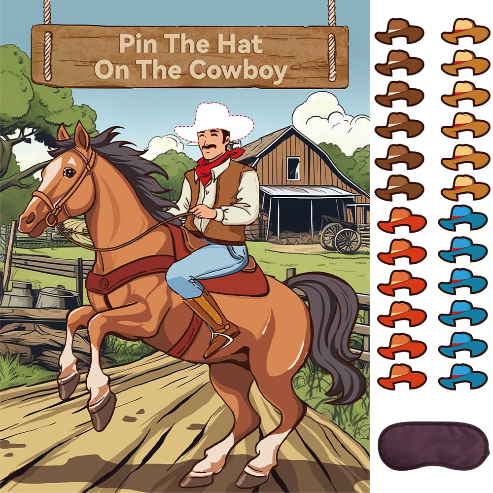 Pin The Hat on The Cowboy Party Games - Western Birthday Party Decorations Horse Theme Poster with 24 Stickers & 1 Eye Mask Wall Game Photo Background for 24 Players