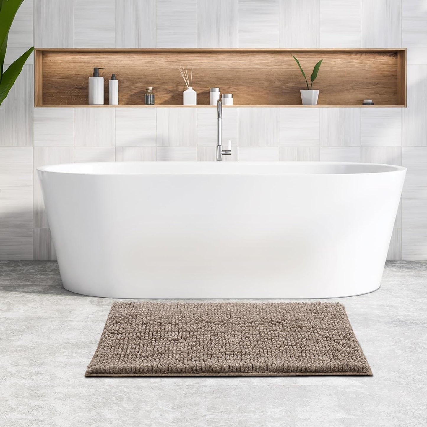 FRESHMINT Large Chenille Bathroom Rugs Mat 36"x24", Non-Slip Bath Mat for Bathroom Floor & Bathtub, Washable Shower Shag Bath Rugs, Soft Thick Water Absorbent Microfiber Shower Mat, Taupe Heather
