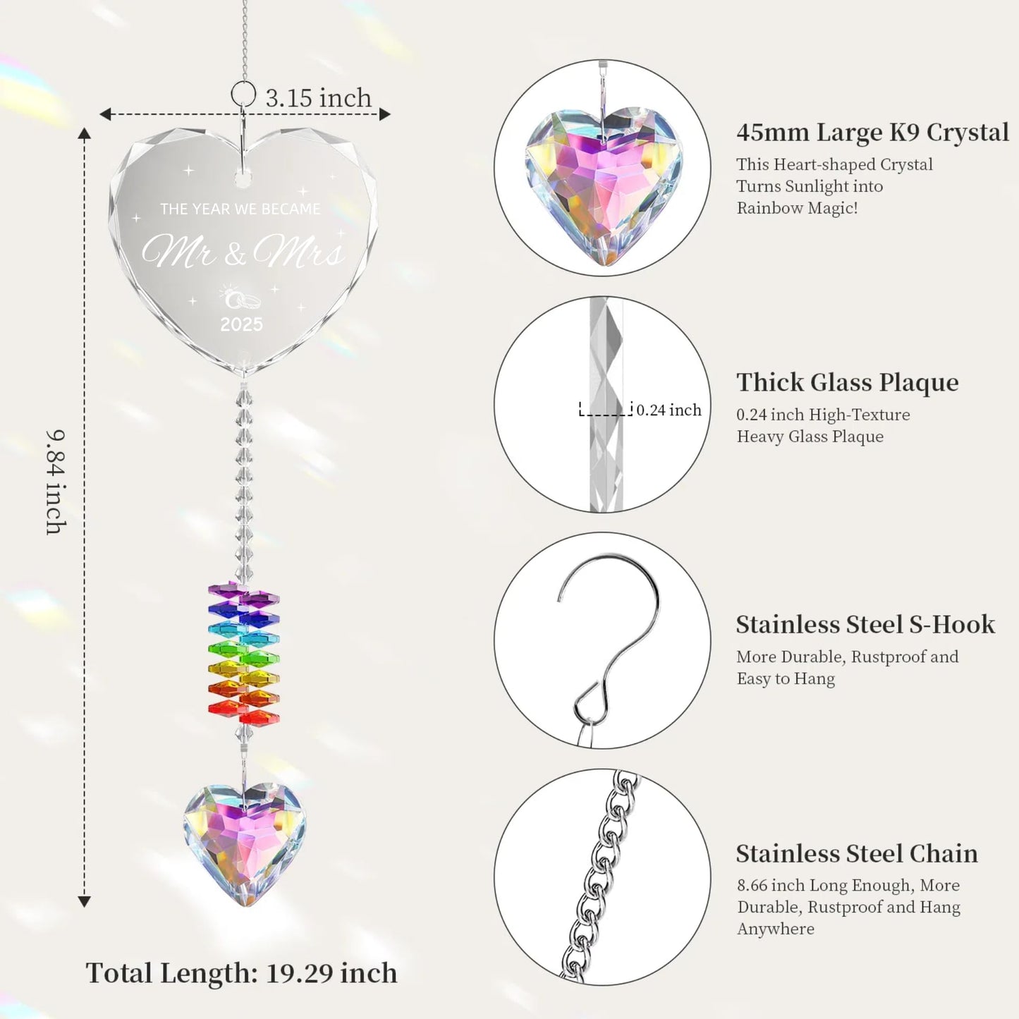 Oikomai Wedding Gifts, Crystals Sun Catcher Bridal Shower Gifts for Bride, Mr and Mrs Gift for Couples, Newlyweds, Suncatcher for Indoor Window Hanging Glass Ornament 2025 Wedding Decorations