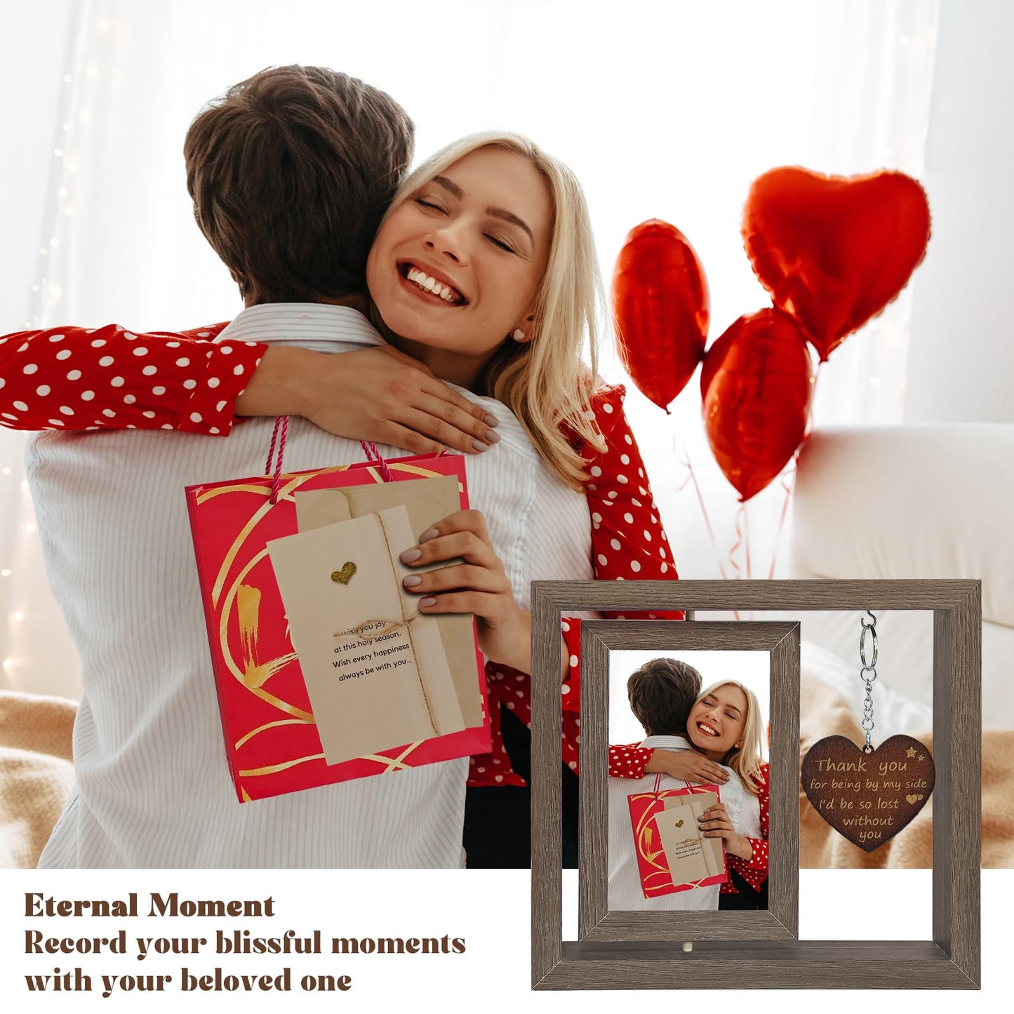 Kinonlus Rotating Photo Frame 4x6 Inch Double-Sided Display for Couples & Parents Gift for Anniversary, Wedding or Family Anniversary Memorial Valentines Thanksgiving Keepsake Decor