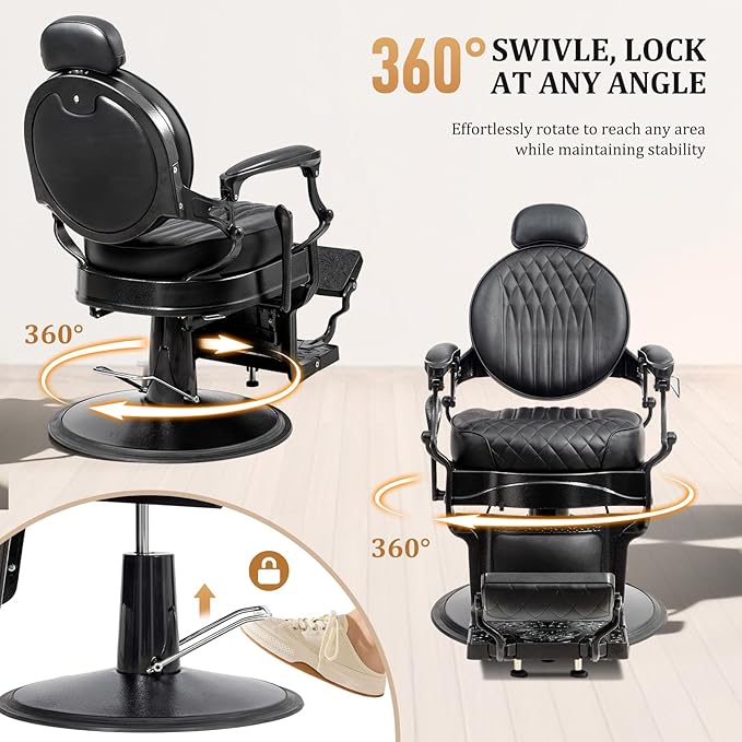 OmySalon Retro Barber Chair Heavy Duty, Aluminum Alloy Frame, Adjustable Headrest, Extra Wide Footrest, Hydraulic Salon Chair for Hair Stylist Reclining All Purpose for Beauty Spa Shampoo, All Black