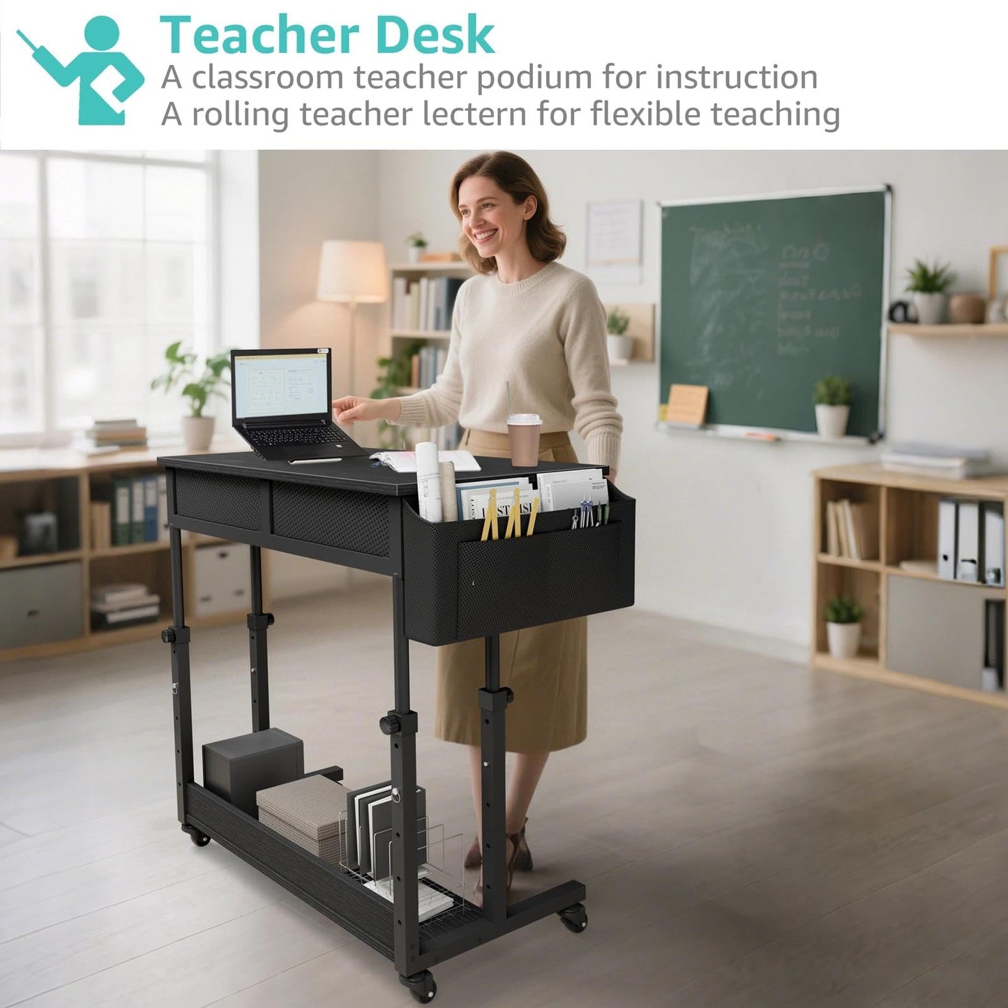Small Portable Rolling Standing Desk - 32 Inch Adjustable Mobile Stand Up Teacher Desks with 2 Fabric Drawers on Wheels for Classroom, Couch Sofa Side Laptop Table with Storage for Home Office, Black