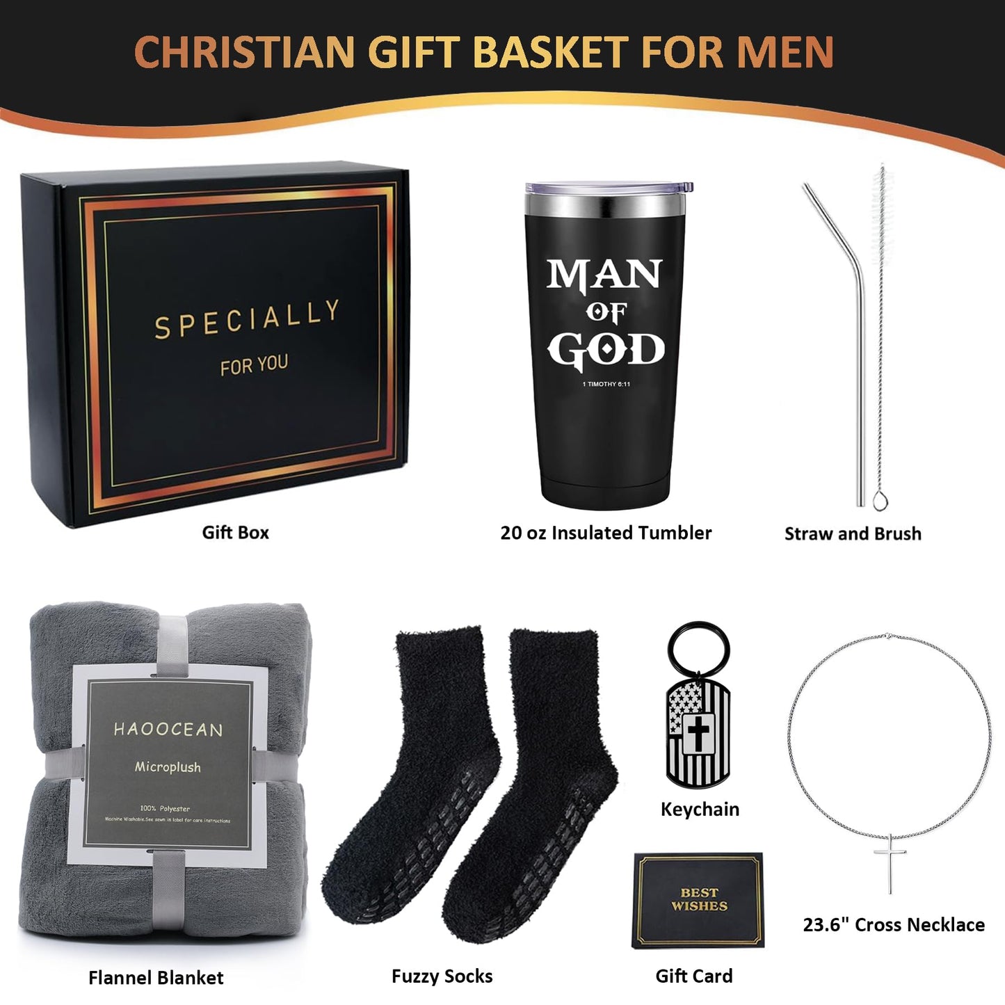LUDUEIKSW Christian Gifts for Men, Pastor Appreciation Gifts Set, Religious Box for Dad Grandpa Husband Brother Friends, Catholic Basket with Throw Blanket Tumbler