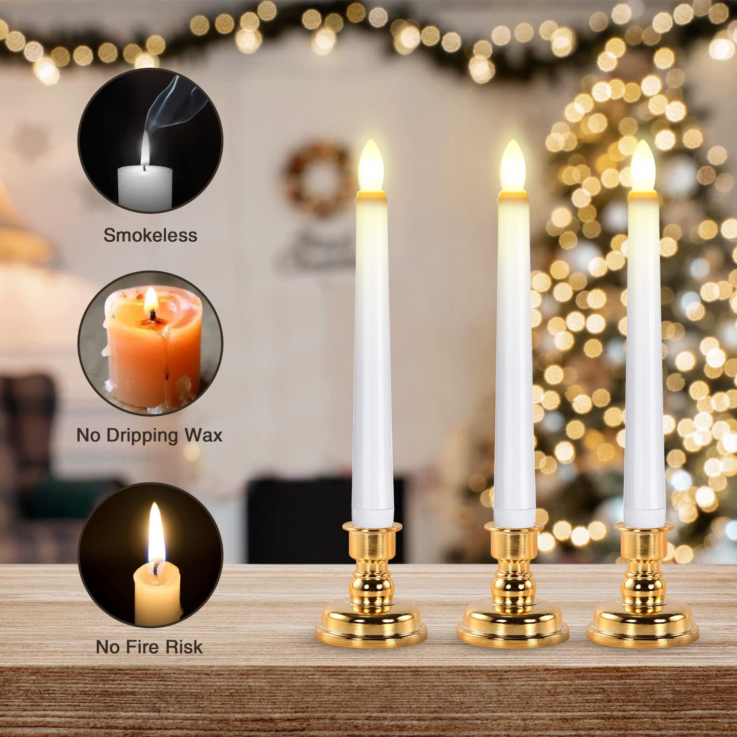 JOSU LED Window Candles, Christmas Flameless Window Candle Lights with Timer Battery Operated, 4 3D Wick Light Candle+4 Removable Gold Candleholders+Remote, for Decor &Festival Celebration