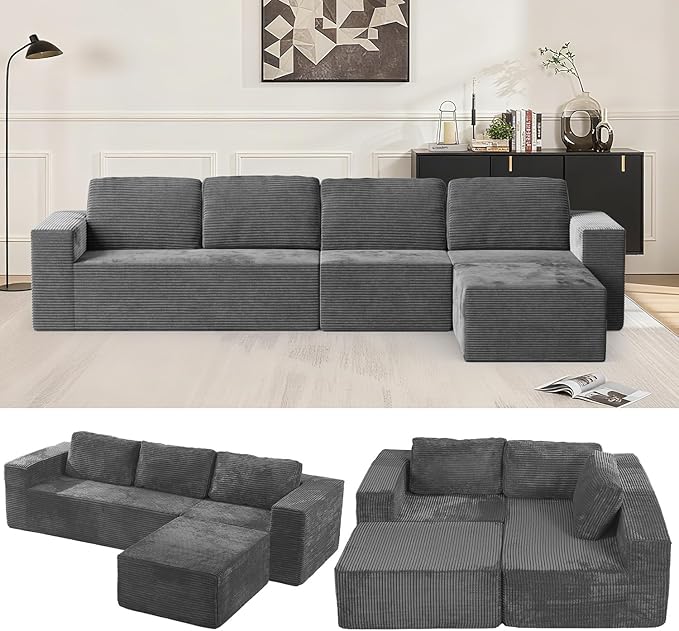 Furnify 136" Modular Sectional Sofa with L-Shape Chaise, Right/Left Facing Deep Seat Cloud Couch, No Assembly Required, Upholstered Couch for Living Room Bedroom (Deep Grey, Plush Corduroy Fabric)