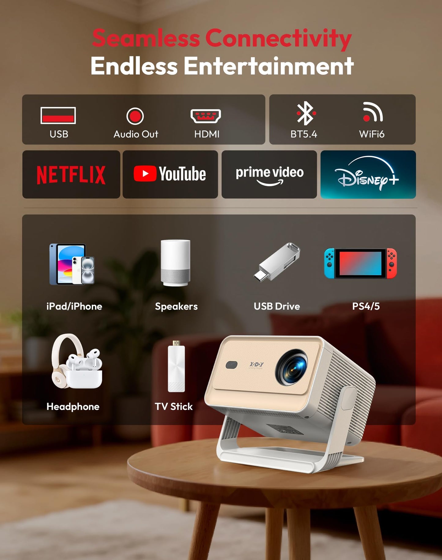 Smart Projector with WiFi 6 and Bluetooth, 700 ANSI Native 1080P, 4K Support, 4D Auto Keystone & Auto Focus, Compatible with Netflix, Voice Control, FHD Home Theater Projector, Xgody Gimbal N6 Pro