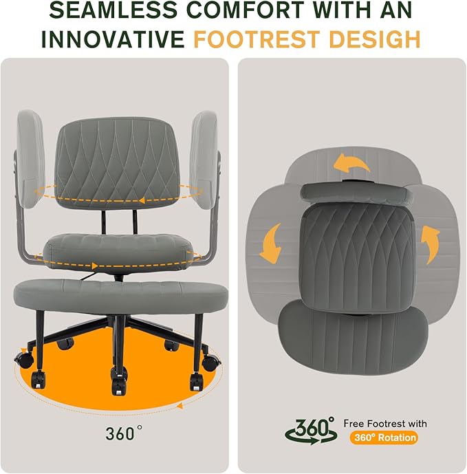 Ergonomic Cross Legged Office Chair with Wheels, Wide Seat and Backrest for Meditation, ADHD Cross Legged Office Chair with Adjustable Height, 360°Rotating Footrest for Yoga Home Office