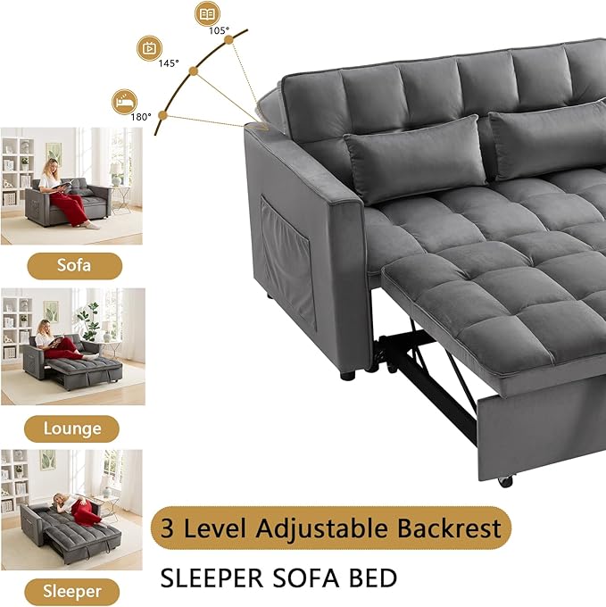 OjvZxqtbrnl Convertible Sofa Bed,3 in 1 Pull Out Couch Adjustable Backrest, Modern Velvet Upholstery Sleeper Sofa Bed, Loveseat Couch for Living Room, Bedroom & Apartments (Grey)