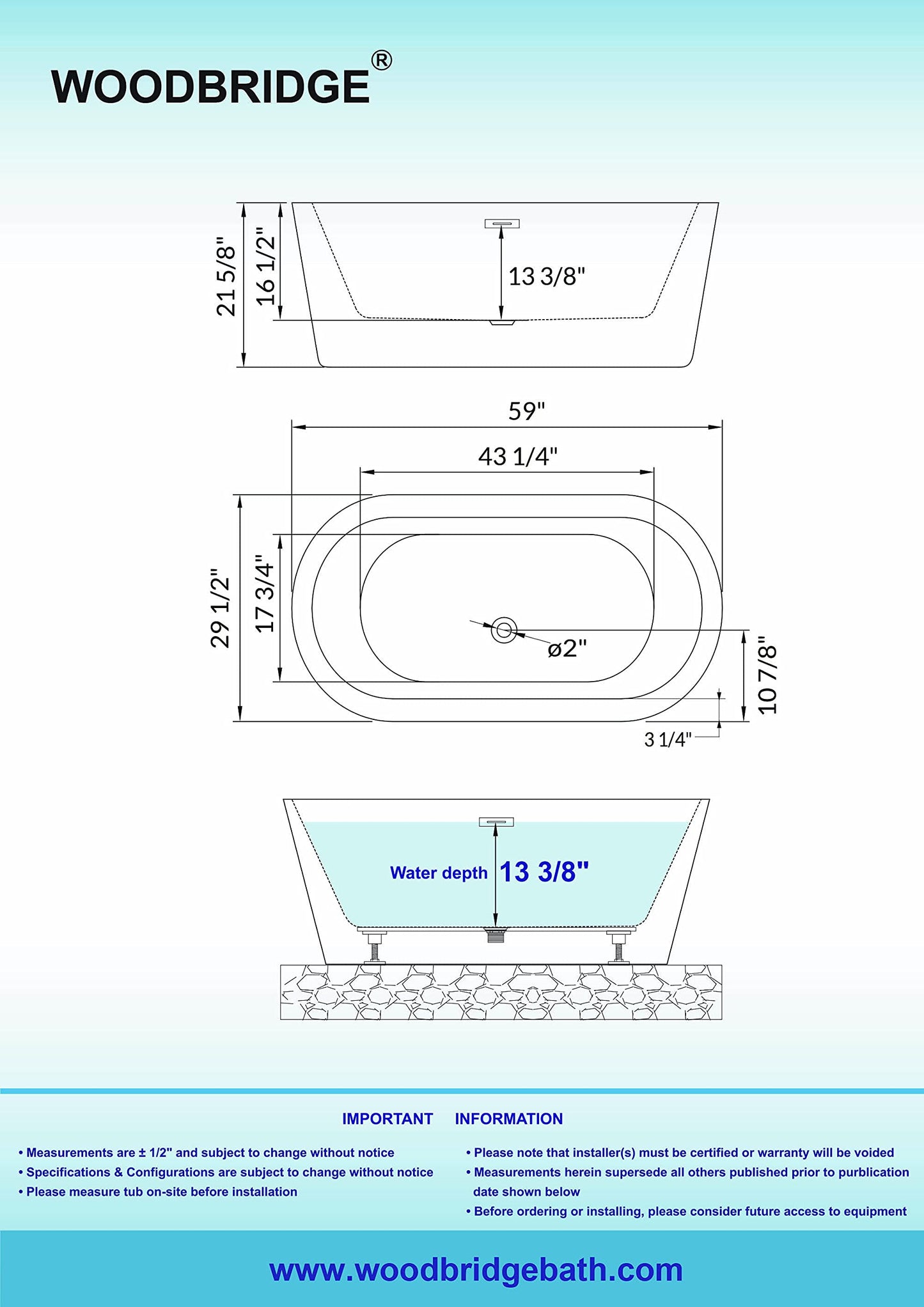 WOODBRIDGE 59" Acrylic Freestanding Bathtub Contemporary Soaking White Tub with Chrome Overflow and Drain, B0012 -C-Drain &O