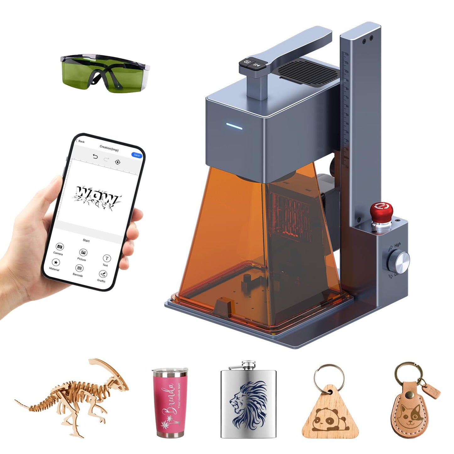 Raymoto Laser Engraver Machine, 20W (20000mW) Diode Laser Cutter, 2000mm/s High-Speed Laser Portable & Handheld Desktop DIY Laser Engraving Machine for Wood, Metal, Paper, Acrylic, Leather, Glass