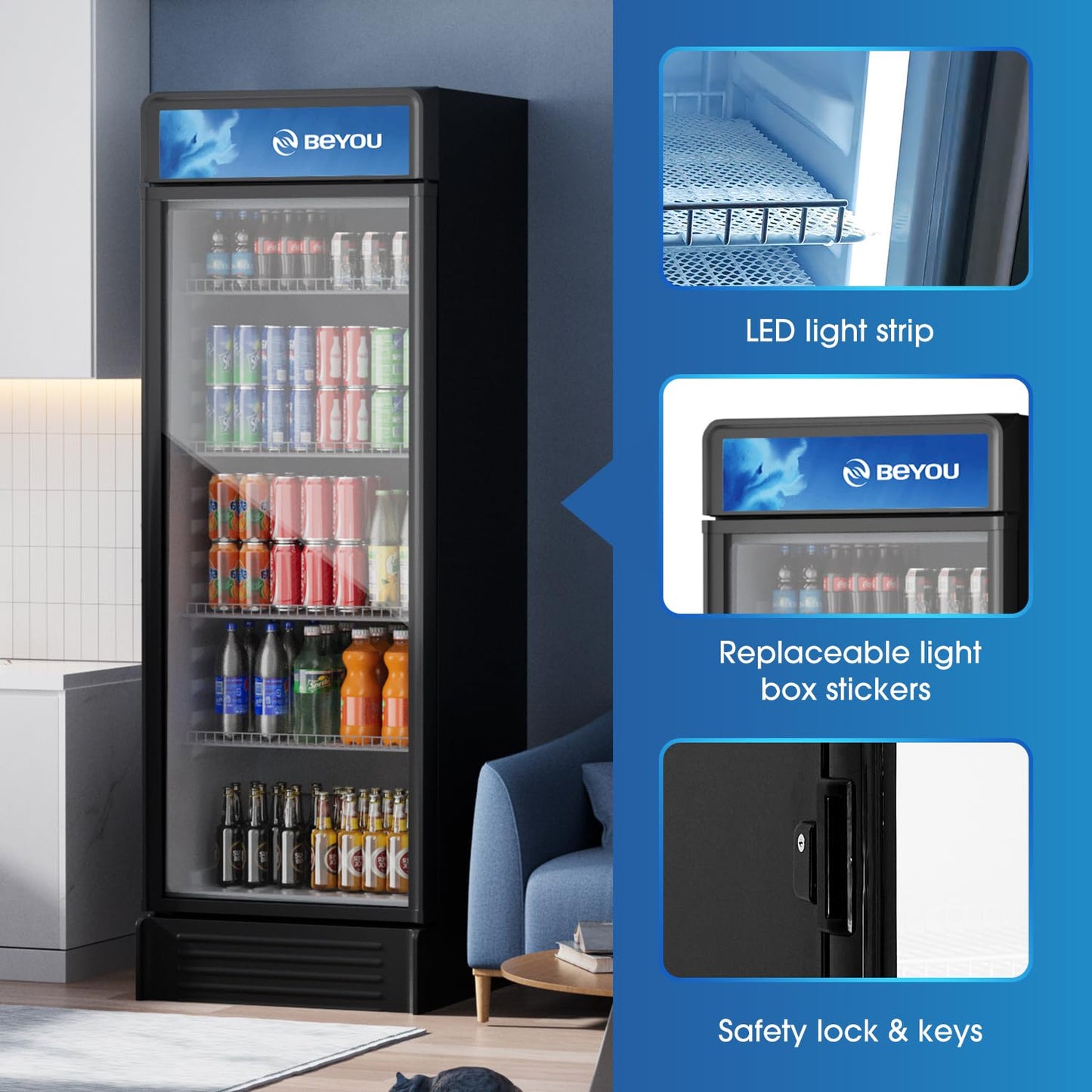 BEYOU Display Merchandiser Refrigerator, 13.3 cu. Ft Commercial Upright Beverage Fridge with single Glass Door, Drink Cooler for Living Room,Bar,Garage（Black）