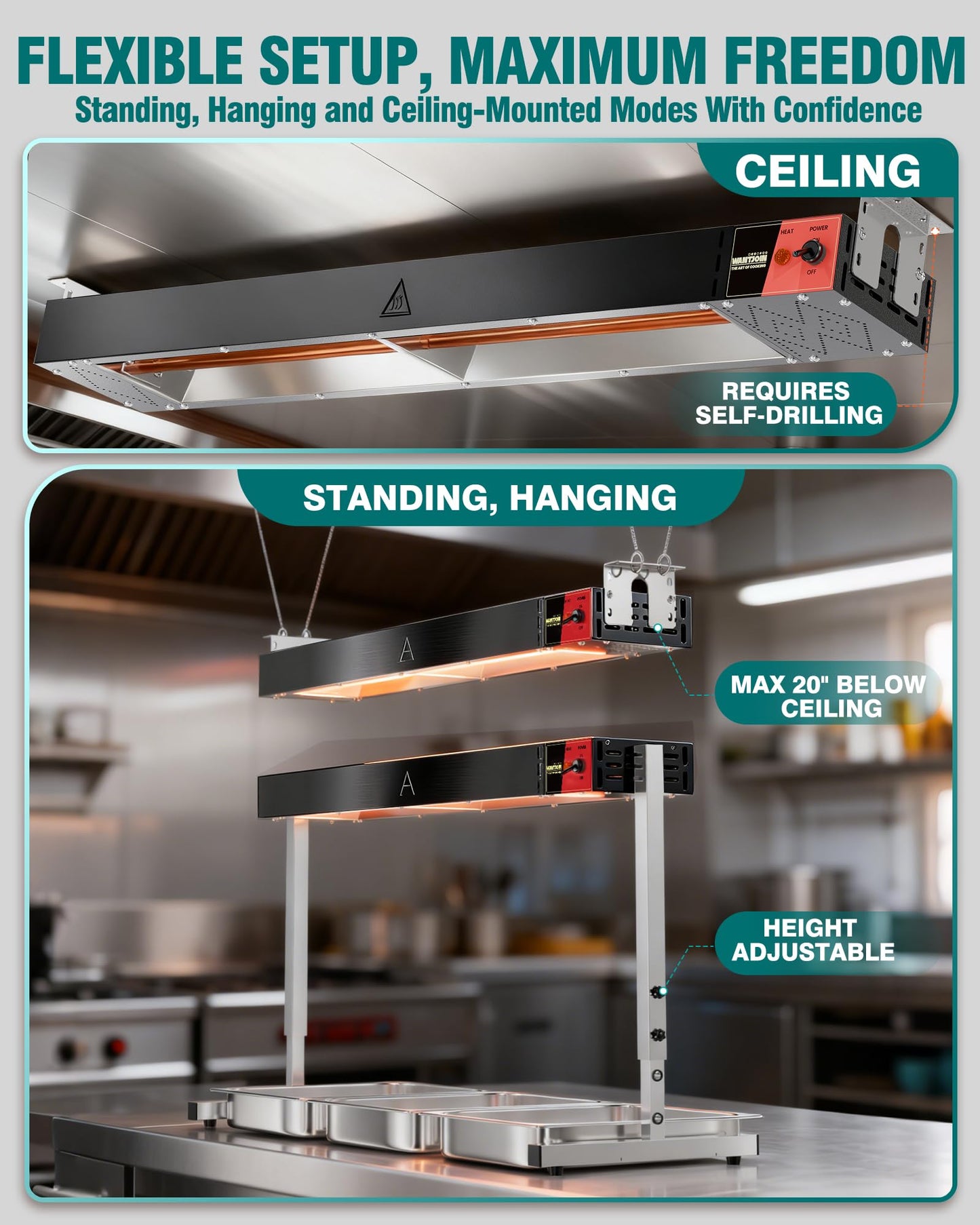WantJoin Food Heat Lamp 36'' - 1050W Commercial Food Warmer Lamp Overhead Hanging & Standing Electric Strip Heating Lamps for Buffet Catering Restaurant Parties, Black