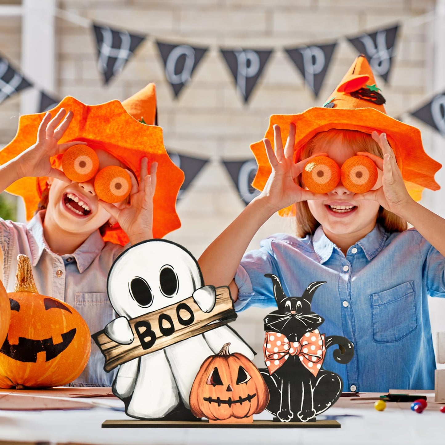Smile Happy Halloween Wooden Table Decoration, Pumpkin Ghost Boo Black Cat Standing Centerpieces, Indoor Decor for Desk Shelf and Party
