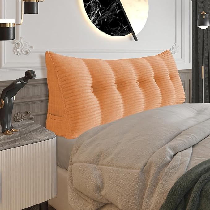 Wedge Headboard Pillow Dorm Room Reading Pillow Back Support for Sitting Up in Bed Bolster Lumbar Cushion Body Positioning Bedrest Corduroy (Peachy, Queen (59 * 8 * 20in))
