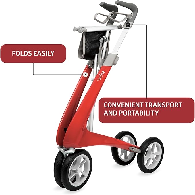 byACRE Carbon Ultralight Rollator Walker with Organizer Bag, Red, Regular Track
