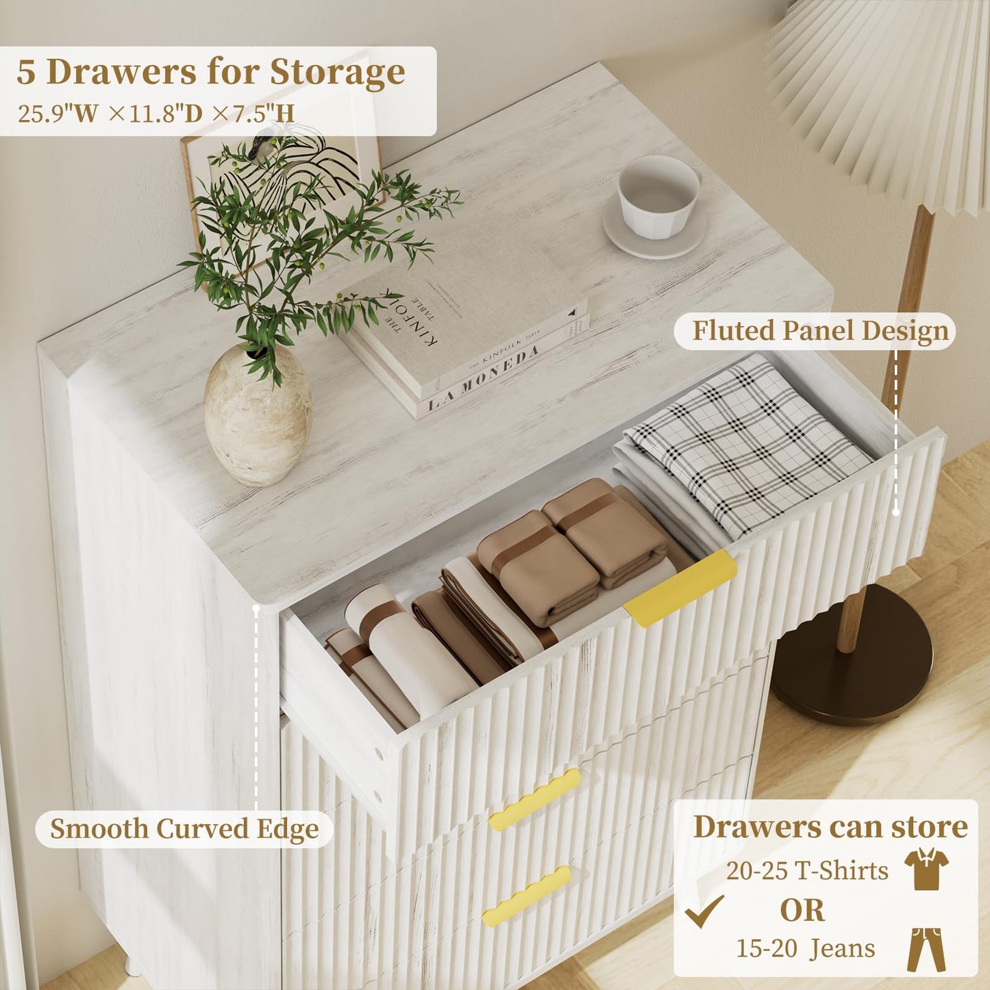 LYNSOM Fluted 5 Drawers Dresser, 45" Tall Modern Chest of Drawers with Curved Profile Design and Metal Handle, Wood Drawer Organizer for Bedroom, Living Room, Hallway, Entryway, White