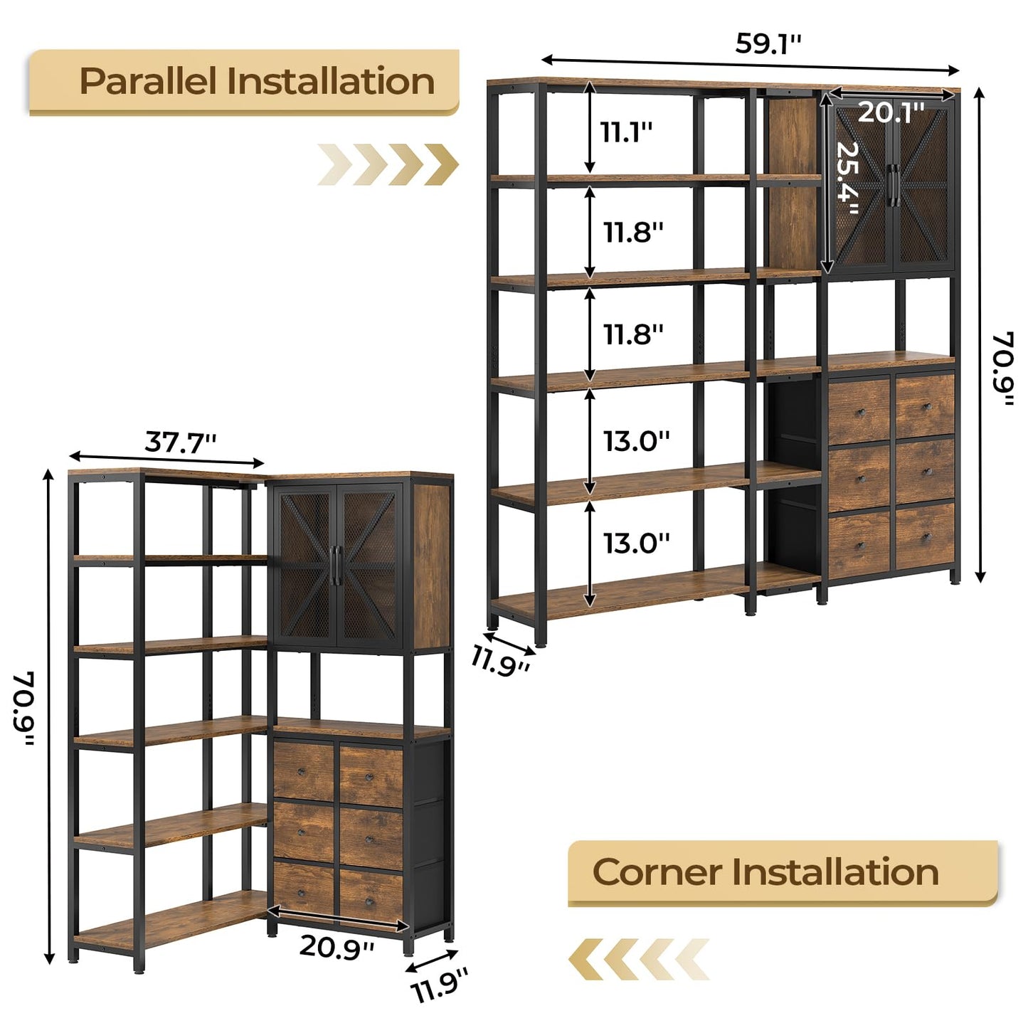BTHFST Corner Bookshelf 6 Tier, 70.9" Convertible Tall Bookshelf with 6 Fabric Drawers, Corner Bookcase with Metal Doors, Large Display Shelf Book Shelf for Living Room,Home Office, Rustic Brown