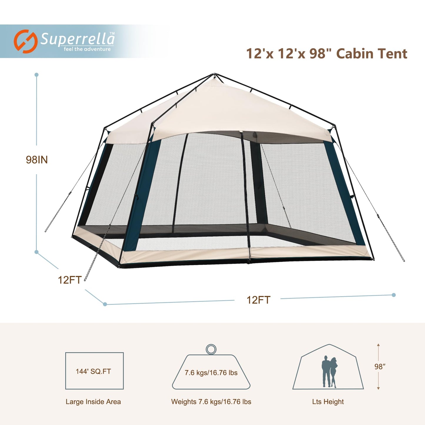Superrella 12 x 12 FT Camping Screen Tent for 8-10 Person, Easy Setup Screen House with UV 50+ Sun Protection & Mosquito Net for Camping, Backyard, Picnic, Patio, Outdoor, Beige & Navy