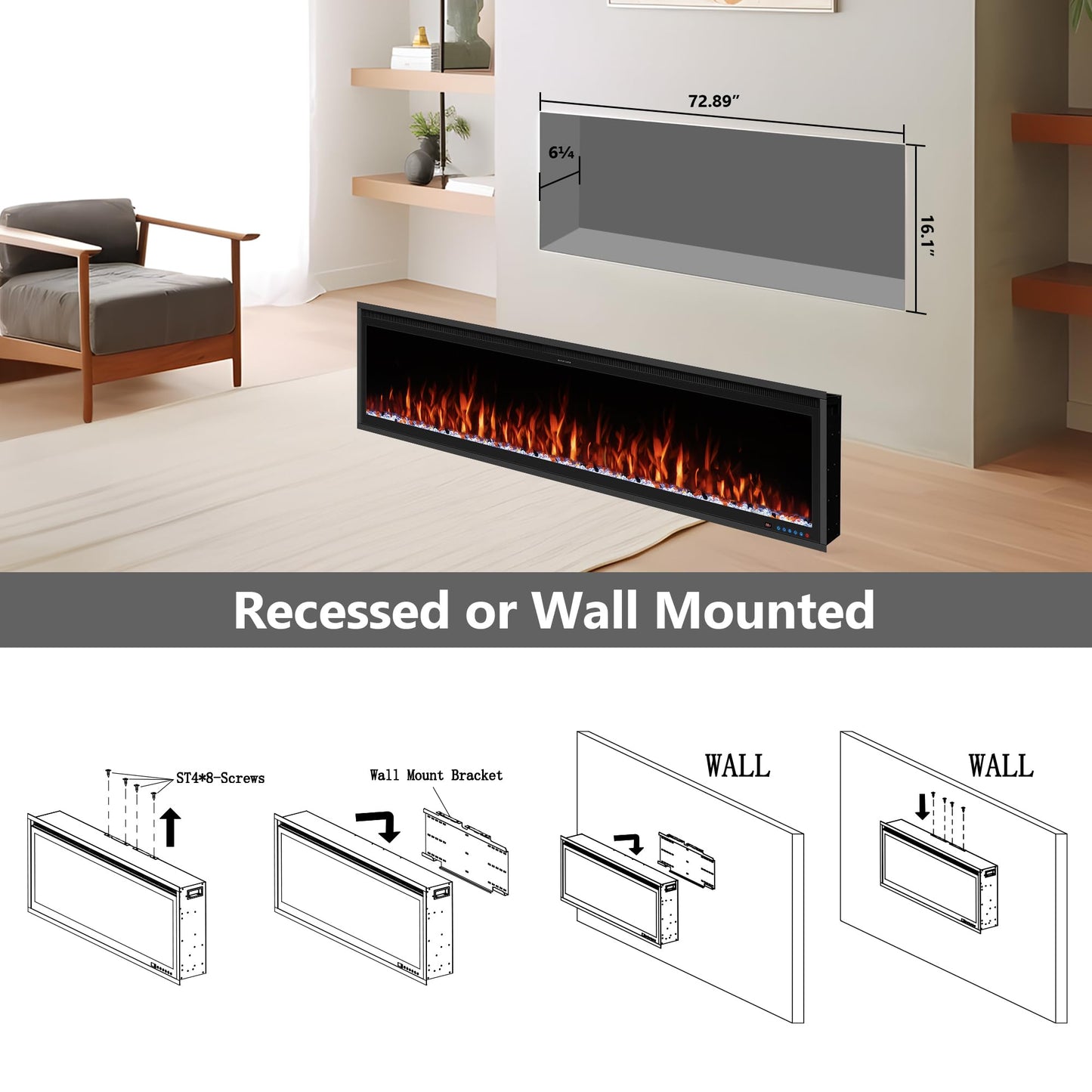 Benrocks 74'' Slim Electric Fireplace Inserts - WiFi-Enabled, Alexa & App Control, Recessed & Wall Mounted, 13 * 13 * 3 Flame Color Combinations, 750W/1500W, Black