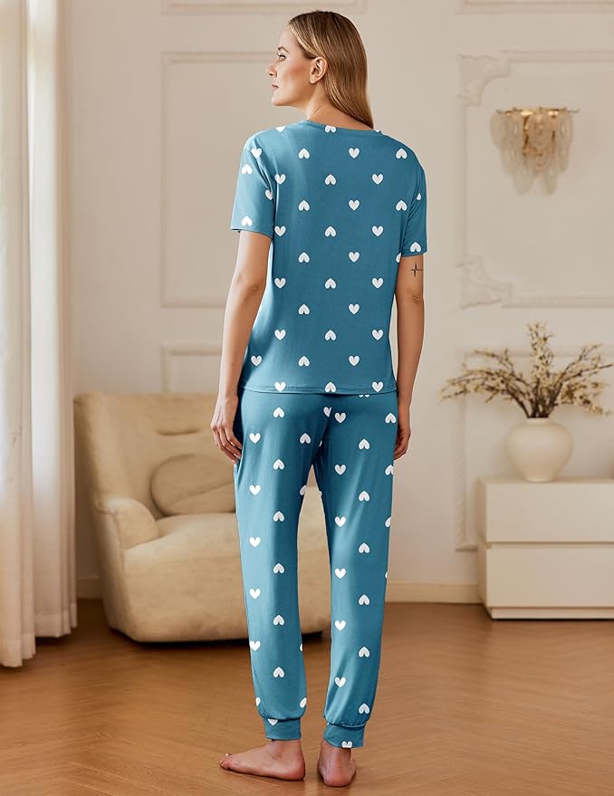 Ekouaer Pajamas for Women Set 2 Pack Lounge Set Short Sleeve Pjs Joggers Long Pants Loungepwear with Pockets