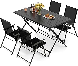 Tangkula 5 Pieces Foldable Outdoor Dining Set for 4, Patio Large Rectangular Metal Dining Table & 4 Patio Folding Chairs, ...