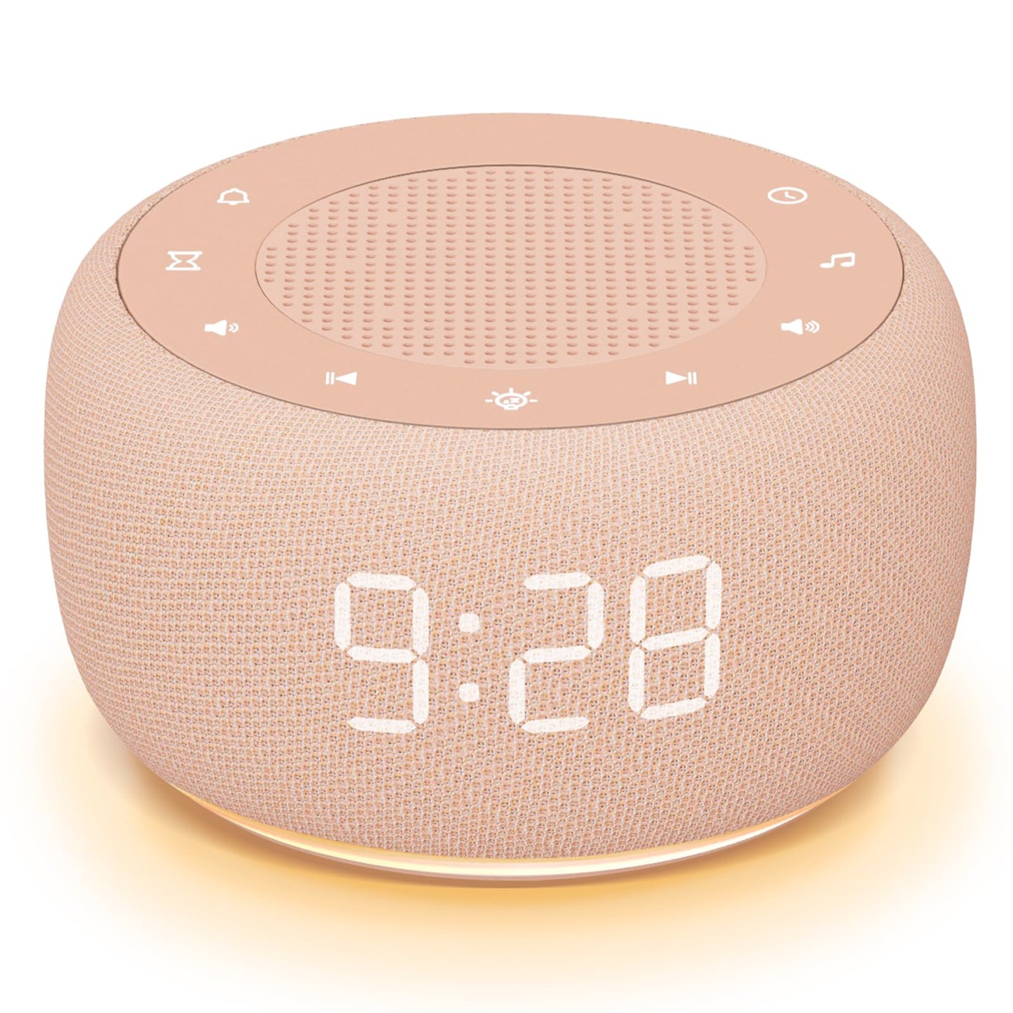 Buffbee Sound Machine & Alarm Clock 2-in-1, 0-100% Clock Face Brightness, Bottom Colored Light, Sleep Timer, Precise 30-Level Volume White Noise Machine, Digital Alarm Clocks for Bedrooms - Peach