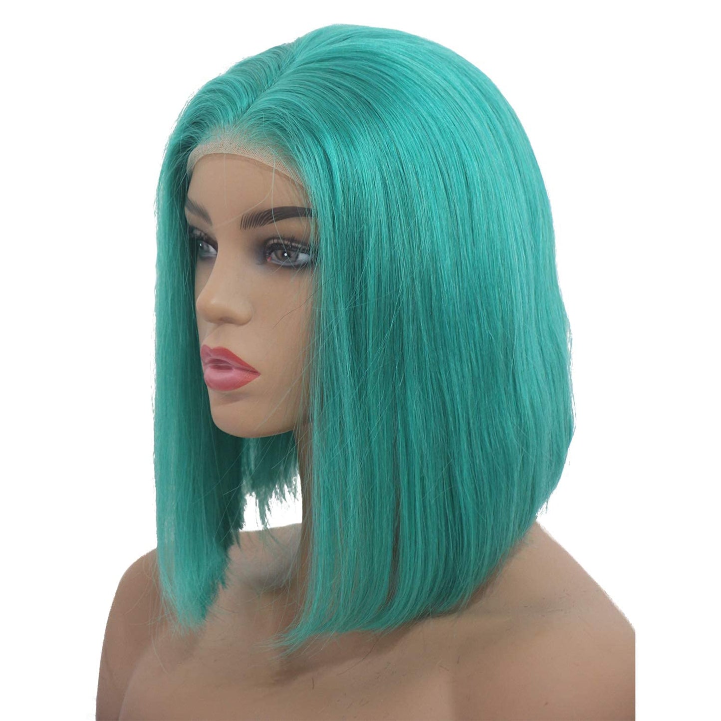 14inch Human Hair Lace Front Wigs Bleached Knots 180% Density Silky Straight Lake Blue Short Bob Wig Pre Plucked Natural Hairlin