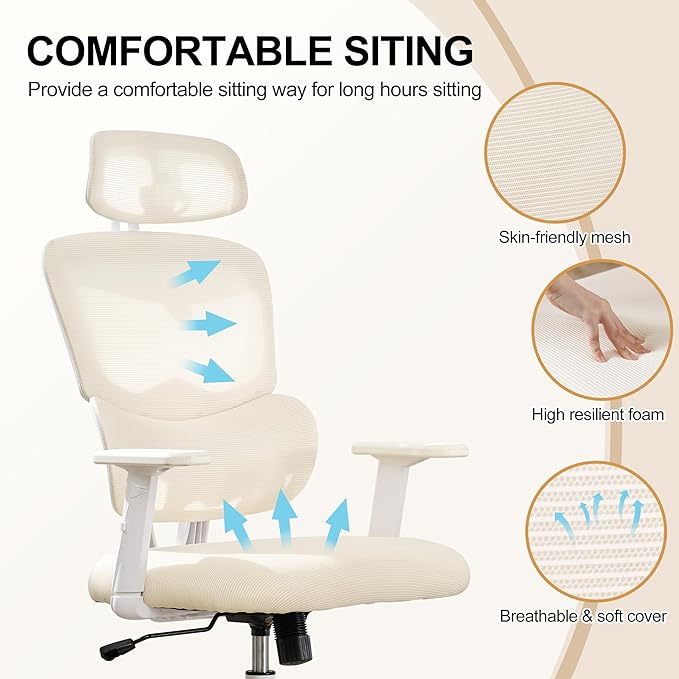 BOWTHY Ergonomic Office Chair,Home Mesh Office Desk Chairs,High Back Office Chair 330 LBS,Swivel Computer Chair with 2D Armrest,Adjustable Headrest,Lumbar Support,Rocking Function (Beige)