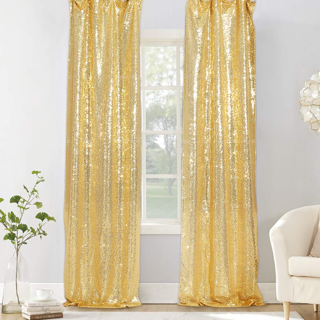 PartyDelight Gold 2FT X 8FT Sparkly Sequin Backdrop Curtains 2 Panels for Wedding Party Room Decorations Events