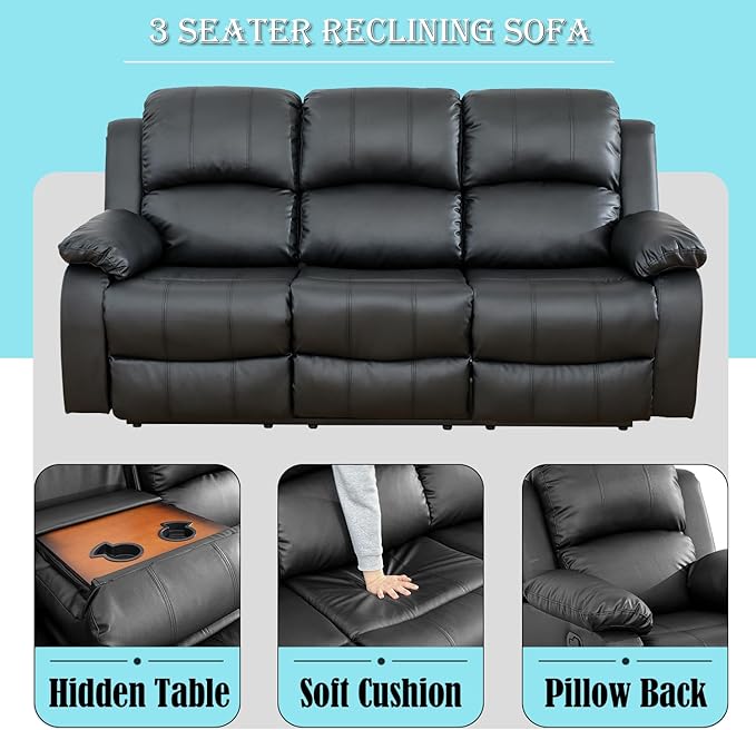 Caberryne Leather Recliner Sofa，Reclining Sofa for Living Room Furniture Sets，Black Wall Hugger Recliner Couch with Cupholder for Living Room/Office/Theater Seating(3 Seater Sofa)