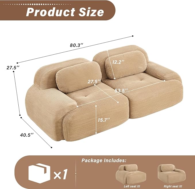 SoarFlash 81" Loveseat Sofa, Comfy Deep Seat, No Assembly, Sofa in a Box, Modern Small Couch with Plush Corduroy Fabric for Living Room, Bedroom, Apartment, Home Office, Camel