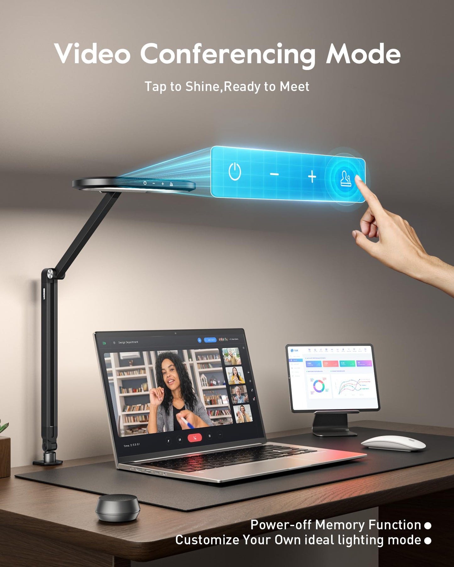 LitONES Desk Lamp for Home Office, Eye-Care Dual-Sided Seamless Dimmable LED Desk Light with Knob Remote, Adjustable Arm Clamp Computer Lighting for Video Conference Recording, Zoom Call, Task, Stream