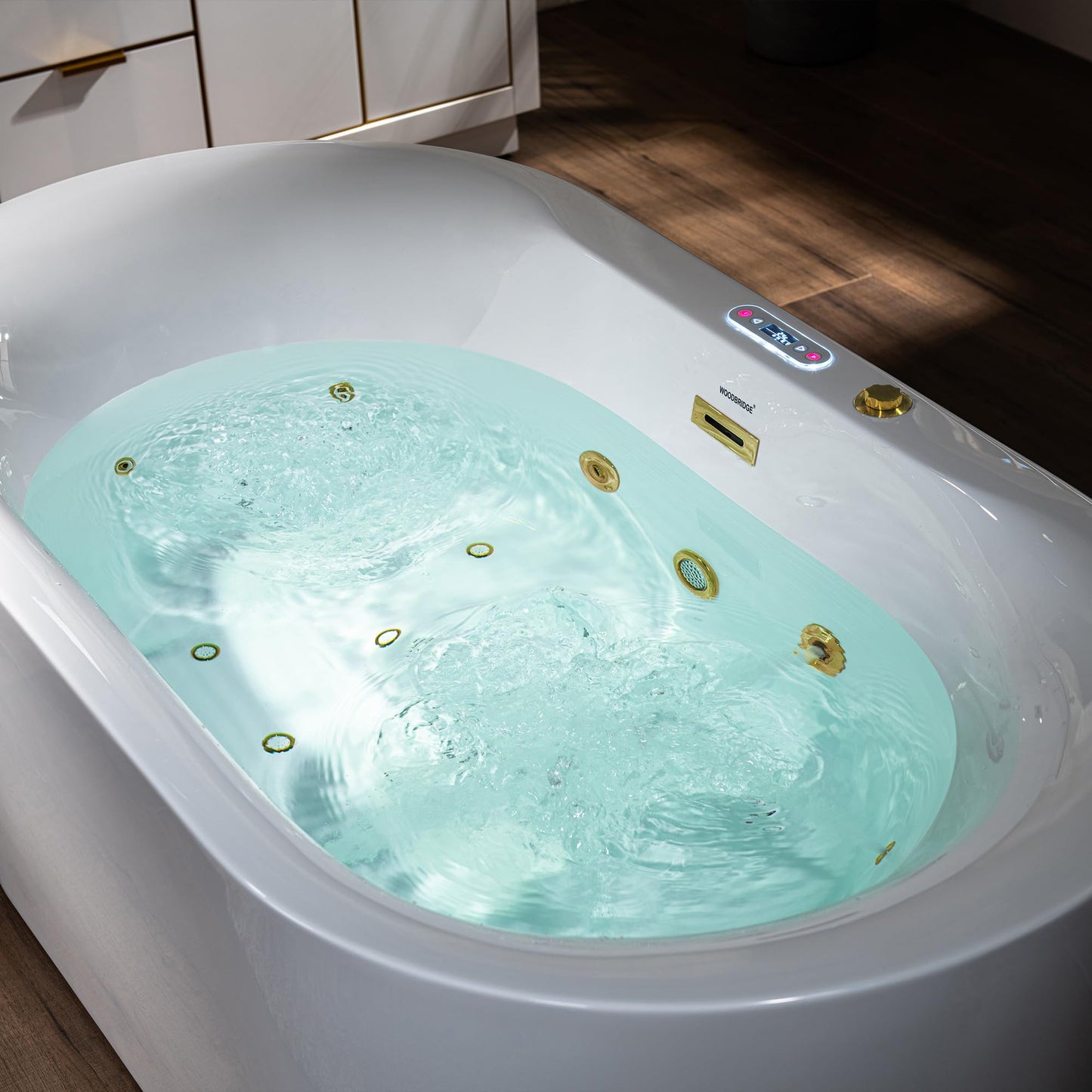 WOODBRIDGE 59" x 31-1/2" Whirlpool and Air Bath Heated Soaking Combination Tub with Adjustable Speed Air Blower and Display Control Panel, Brushed Gold Finish Trim and Drain Kit,BG100
