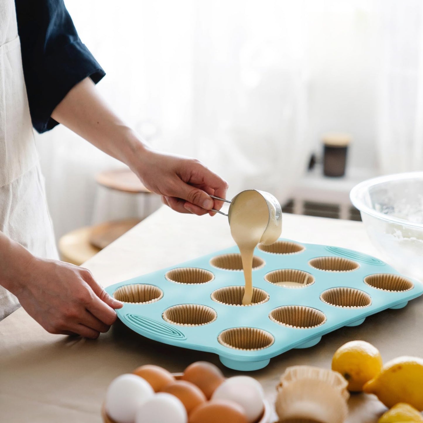 DIYOHFE 2 Pack Silicone Muffin Pan - 12 Regular Size Cups Muffin Pan, Non-Stick Cupcake Pan Great for Homemade Muffins,Cupcakes, Muffin Cakes, Oven and Dishwasher Safe BPA Free（Blue）