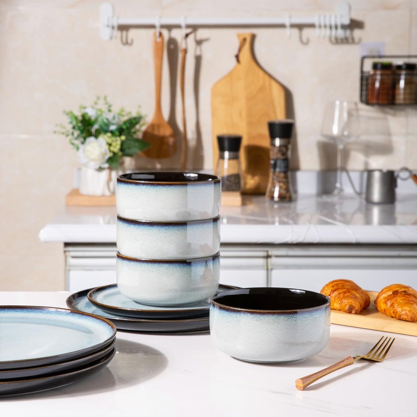 LeRATIO Ceramic Dinnerware Set of 4, Poreclain Plates, Bowls, Handmade Reactive Glaze Dishes, Chip Resistant, Oven & Dishwasher Safe, Service for 4-Gray White