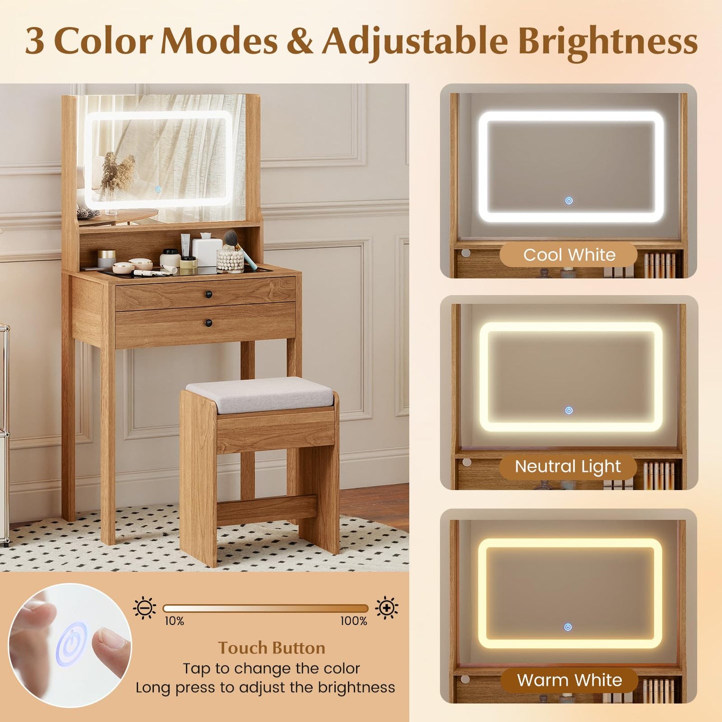 CHARMAID Compact Vanity Desk with Lighted Mirror, Built-in Charging Station, Glass Desktop, 2 Drawers & Padded Stool, Small Makeup Vanity Table for Bedroom, Apartment, Dorm, Rustic Oak