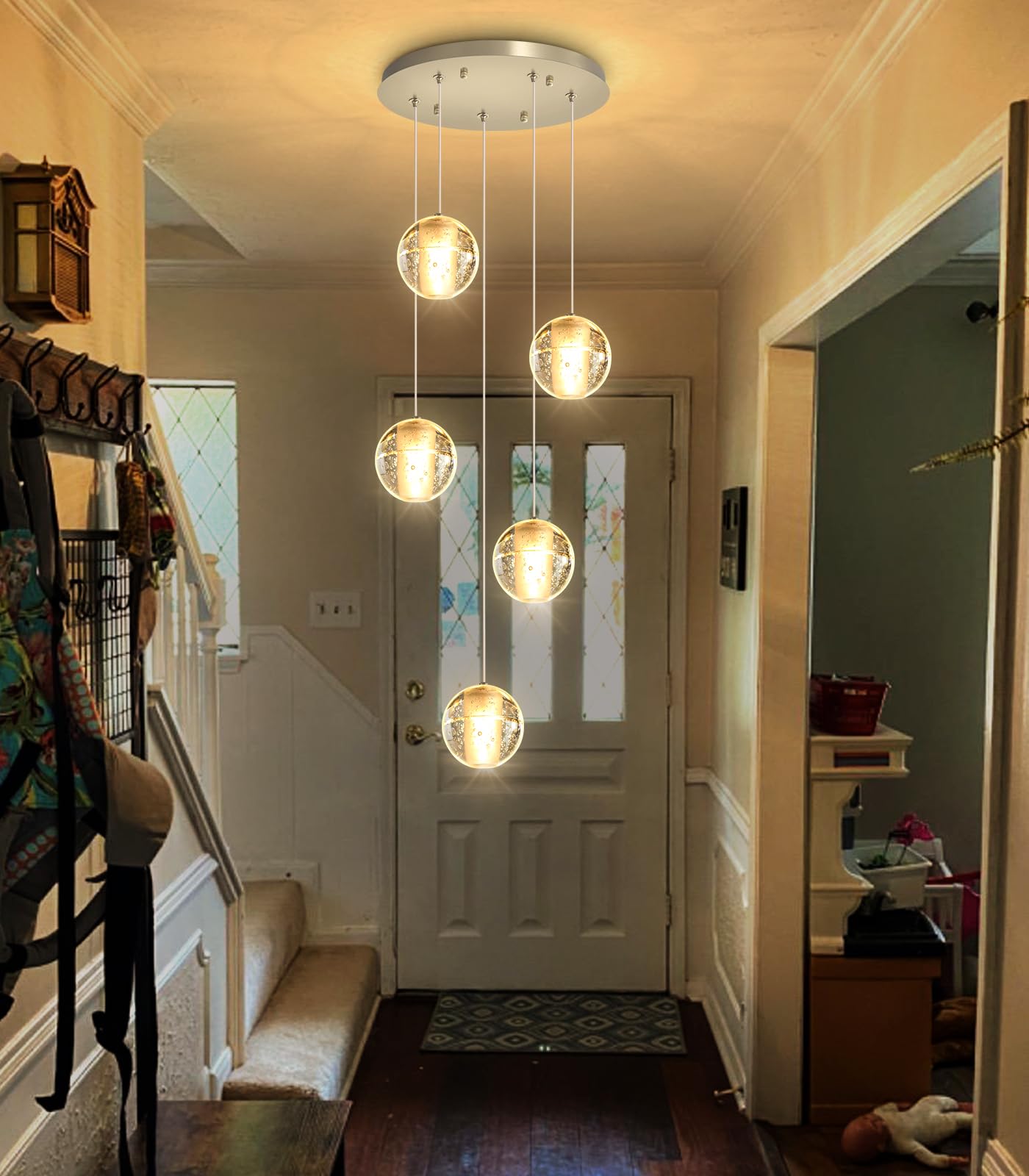 HAIXIANG 5 Lights Globe Chandelier Modern Crystal Glam Light LED Warm Light Pendant Lights for Dining Room Kitchen Island Brushed Nickel Lighting Fixture