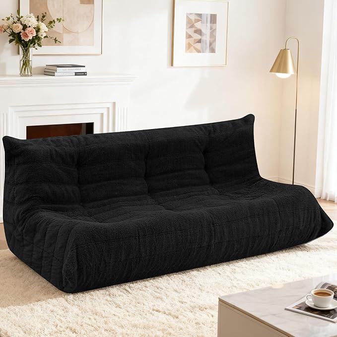 HABUTWAY Bean Bag Chairs Fireside Lazy Floor Sofa, Soft Teddy Fleece 3 Seater Sofa with High-Resilience Foam Filling，Beanbag for Living Room, Bedroom, Office (Black Teddy)