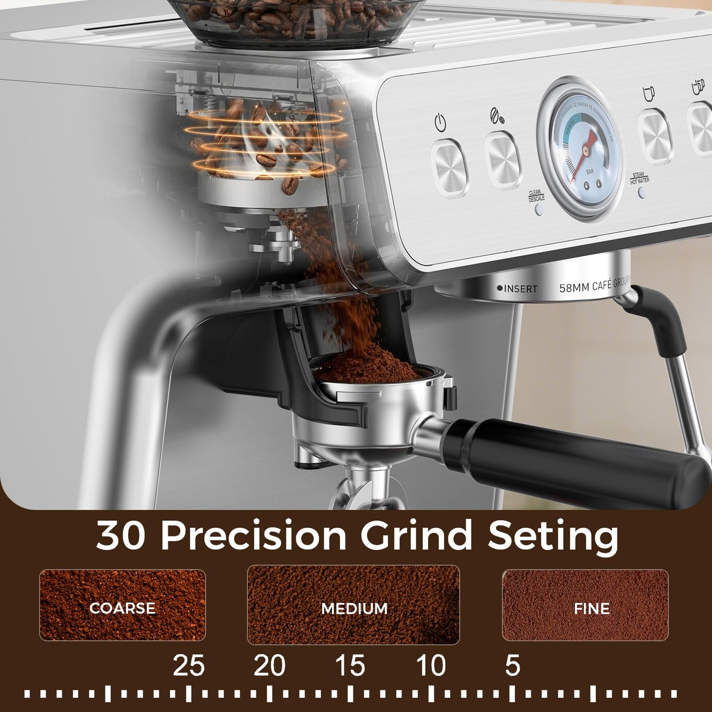 Espresso Machine with Grinder, 20 Bar Expresso Coffee Machines, Professional Coffee Maker for Latte & Cappuccino with Milk Frother, Expresso Machines for Home, Removable Water Tank, Steam Wand-Silver