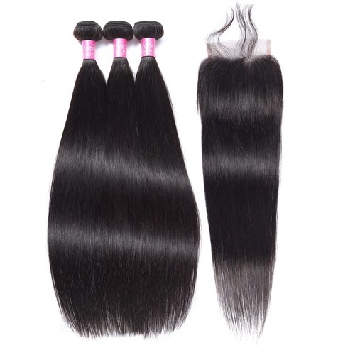 Peruvian Straight Human Hair Bundles with Closure(12" 14" 16"+10") Unprocessed Virgin Human Hair 3 Bundles with Closure 10A Straight Hair Weave Bundles with Lace Closure Natural Color