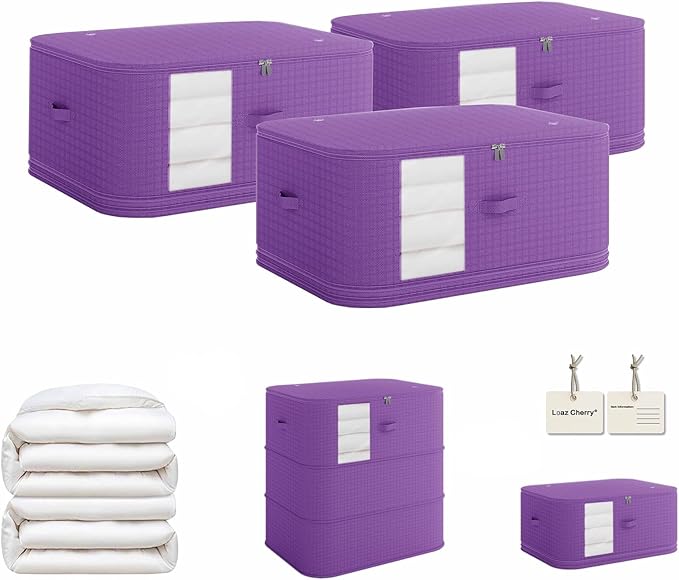 3-piece compressed clothes storage bags, foldable wardrobe storage bags, large-capacity with handles, suitable for sweaters, bed sheets, blankets, down quilts, pillows, toys, etc.（purple）