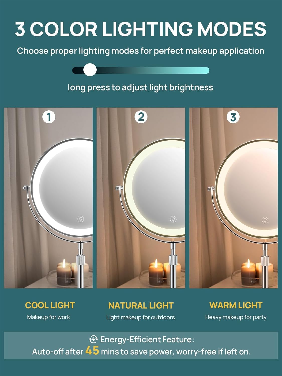 OMIRO 3X/10X Magnifying Makeup Mirror with Lights, 8.5 Inches Double Sided Swivel-Free Vanity Mirror with Height-Adjustable Stand. (Silver)