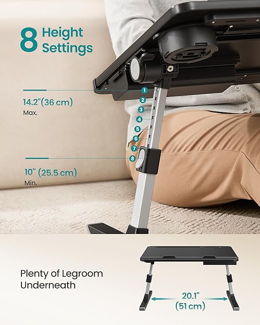 SONGMICS Bed Laptop Desk, Foldable Bed Desk for Laptop, 15.7 x 22 Inches Large Desktop, 120° Stepless Tilt, Adjustable Height, Cup Holder, Tray, Portable Bed Sofa Table, Ink Black ULLD113BC01