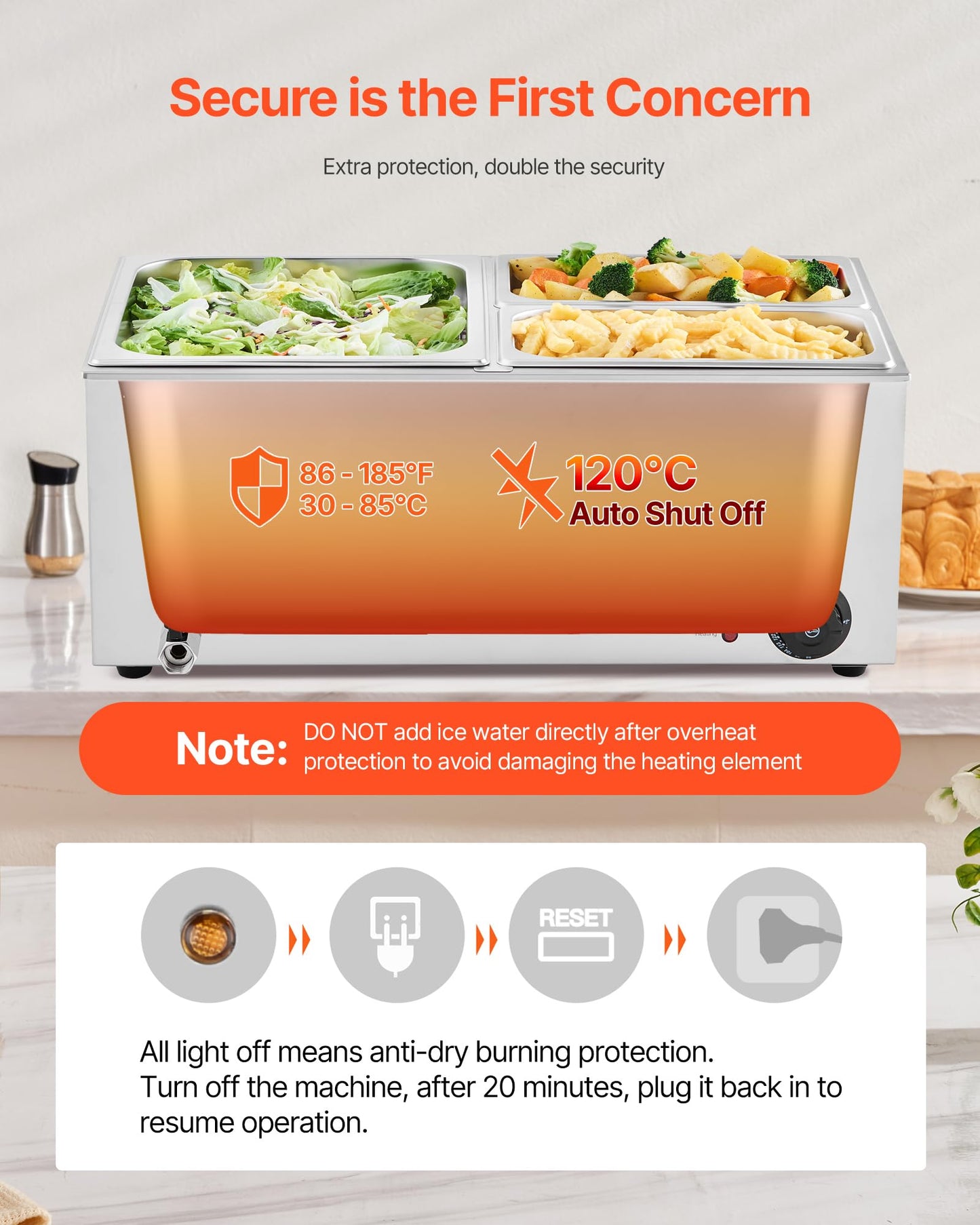 VEVOR 3-Pan Commercial Food Warmer, 24QT Electric Steam Table, 1200W Professional Countertop Stainless Steel Buffet Bain Marie with 86-185°F Temp Control for Catering and Restaurants, Silver